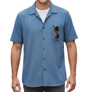 Orvis Mens XL Blue Dobby Weave‎ Short Sleeve Button Up Shirt Silk Cotton Blend